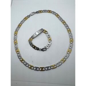Two Tone H Link Chain Necklace and ID Bracelet Jewelry Set Silver Gold Tone